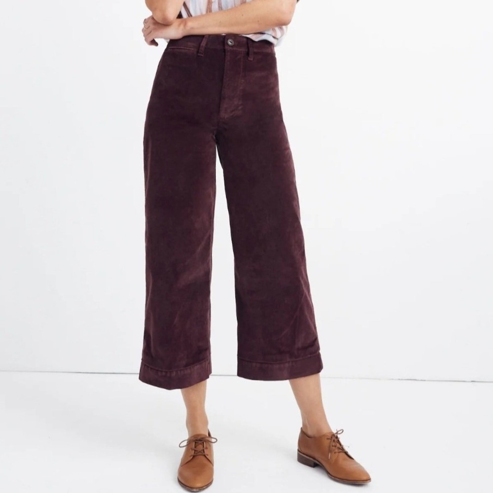 Madewell Emmett Wide Leg Crop Pants Velveteen Plum Purple Velour Stretch 28